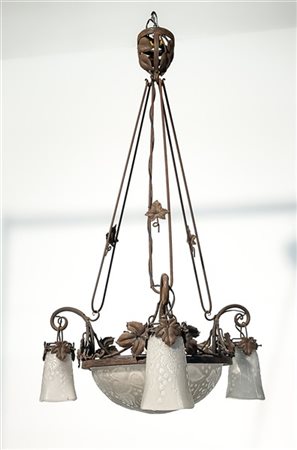 Muller Frères Lampadario Art Nouveau a cesendello a 4 luci. Luneville, 1910ca. M