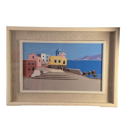Vincenzo Pugliese - Dipinto su cartoncino, raffigurante Paesaggio marino....