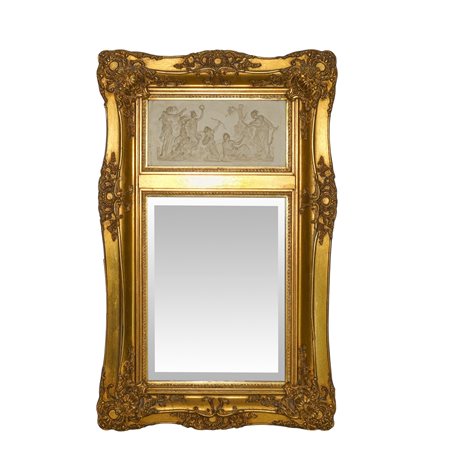 Specchiera entro cornice dorata con decori e bassorilievo neoclassico, 20° secolo