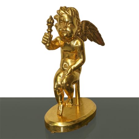Angelo con torcia in mano, statua in legno dorato, 19° secolo