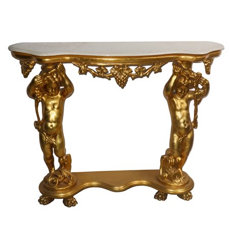 Consolle in legno dorato con piano in marmo bianco sorretto da due putti