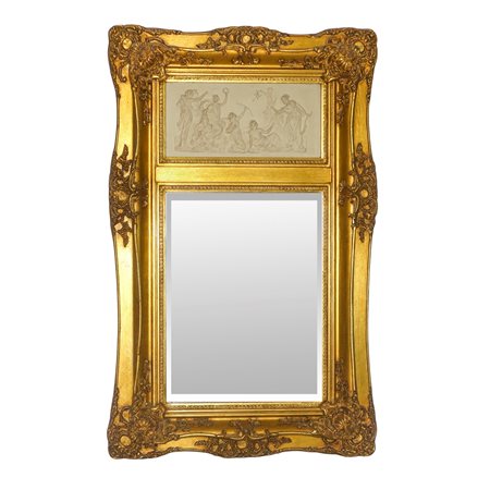Specchiera entro cornice dorata con decori e bassorilievo neoclassico, 20° secolo
