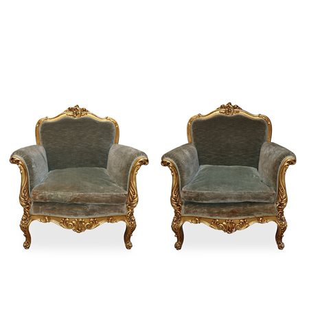 Coppia di poltrone nello stile Luigi Filippo con doratura a foglie , early 20° secolo