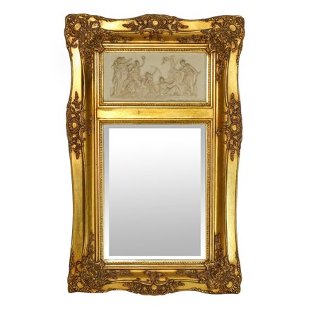 Specchiera entro cornice dorata con decori e bassorilievo neoclassico, 20° secolo