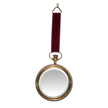 Specchiera tonda entro cornice oro pendente con nastro in velluto rosso, 20° secolo