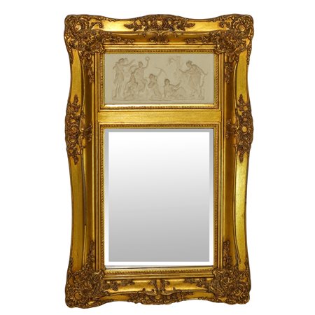 Specchiera entro cornice dorata con decori e bassorilievo neoclassico, 20° secolo
