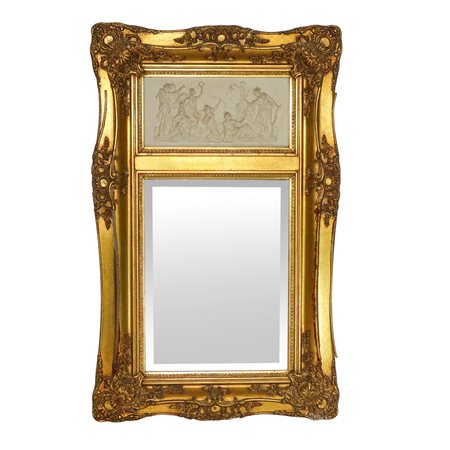 Specchiera entro cornice dorata con decori e bassorilievo neoclassico, 20° secolo