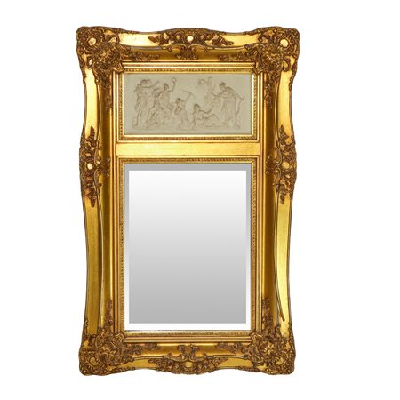 Specchiera entro cornice dorata con decori e bassorilievo neoclassico, 20° secolo