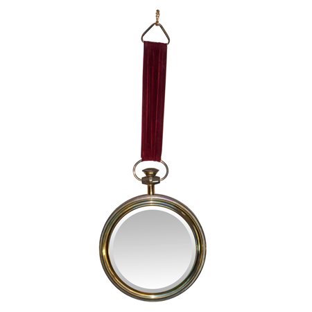 Specchiera tonda entro cornice oro pendente con nastro in velluto rosso, 20° secolo