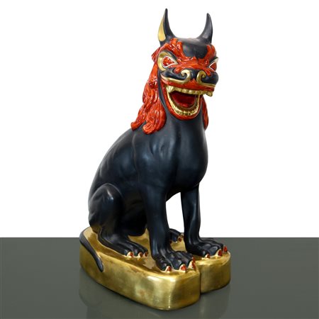 Manifattura Ceramiche Artistiche - Cane di Fo in ceramica nera dorata e rossa, 70s
