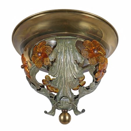 Piccolo plafone a tetto dorato con decori floreali in vetro ambrato e foglie