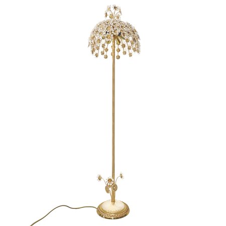 Piantana a 6 luci in metallo dorato e decori floreali in vetro, 1960s