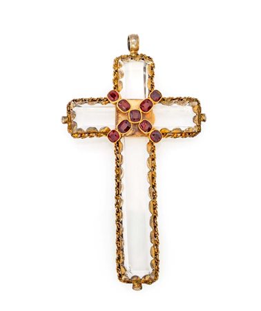  
Croce in cristallo montata in metallo dorato, oro e gemme rosse  
 cm 10x5,5