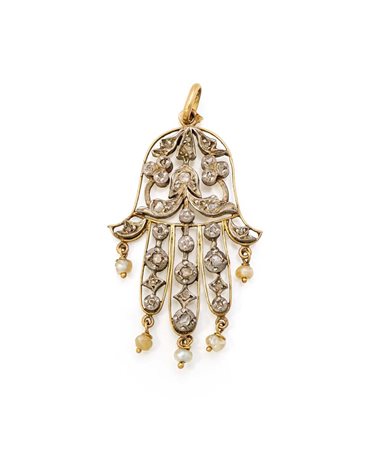  
Pendente "mano" in oro, argento e diamanti Francia, art nouveaux
 cm 4,5