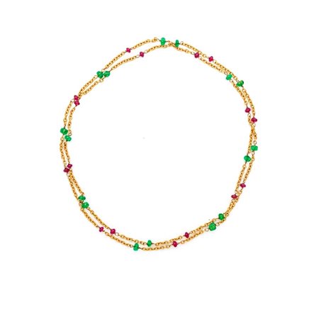 
Lunga collana a laccio in oro, smeraldi e rubini 
 Lunghezza cm 64