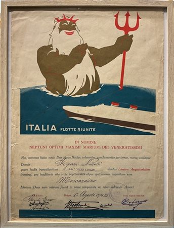 Attestato scherzoso con Nettuno che fa il saluto romano alla nave REX con timbr