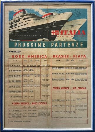 Manifesto con orari e partenze navi, Italia Società di Navigazione (Italian Lin