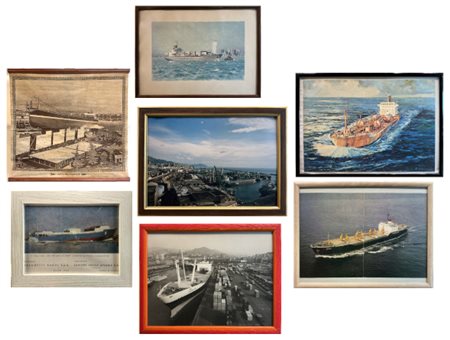 Lotto composto da sei differenti dipinti e fotografie di imbarcazioni ed un ara
