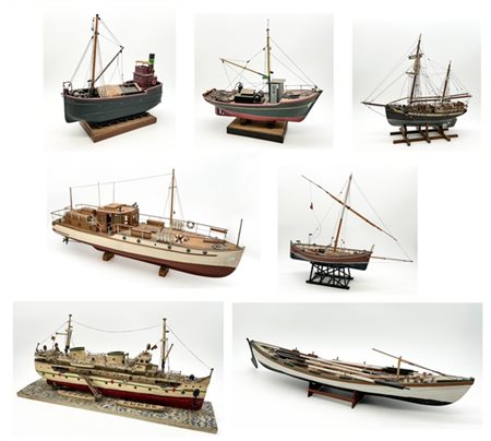 Lotto di sette modellini nautici, materiali vari (l max cm 66) (difetti e manca