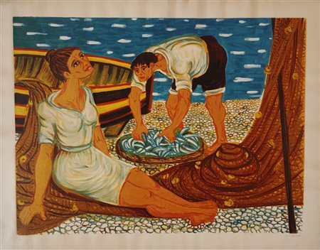 MIGNECO GIUSEPPE Messina (Me) 1903 Pescatori Serigrafia polimaterica su carta...