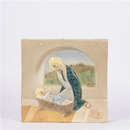 Lenci - Formella in ceramica policroma raffigurante Madonna con Bambino