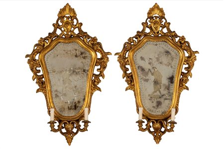 Coppia di specchierine a ventola con silhouette di maschere veneziane, secolo XIX