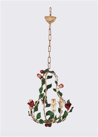 Lampadario in ferro battuto con tralci di rose, inizi secolo XX