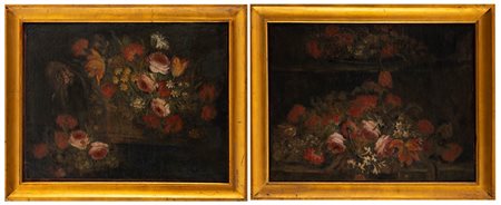 Scuola italiana, secolo XVIII - Coppia di nature morte con fiori