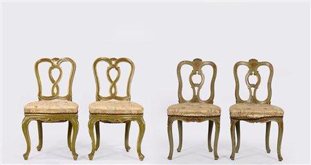 Due coppie sedie in legno laccato verde, Veneto secolo XIX