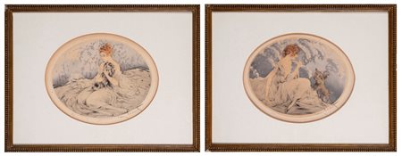 Louis Justin Laurent  Icart (Tolosa 1888 - Parigi 1950)  - Coppia di litografie con donne e cagnolini