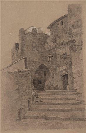 Ettore Ferrari (Roma 1845 - 1929)  - Scorcio di Olevano Romano