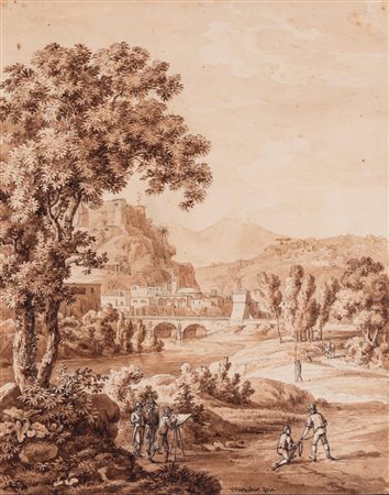 Jakob Wilhem Hüber (Düsseldorf 1787 - Zurigo 1871)  - Paesaggio fluviale con astanti