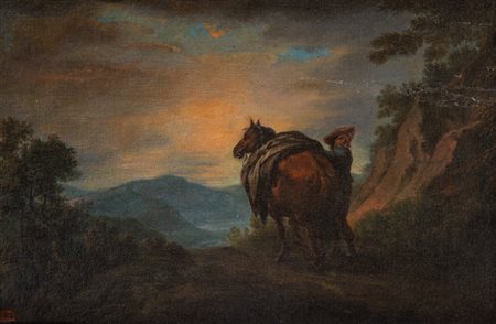 Scuola fiamminga, secolo XVII - Cavallo e viandante sul sentiero