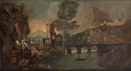 Scuola italiana, secolo XVIII - Paesaggio con rovine e viandanti