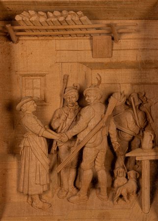 Scuola tedesca, fine secolo XIX - inizi secolo XX - La partenza per la caccia, altorilievo su legno