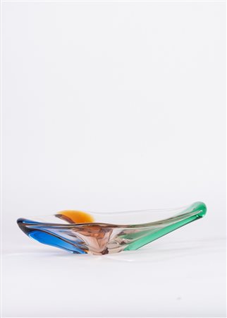 Centrotavola in cristallo incolore con inserti blu, verde e arancio, anni '50 del Novecento