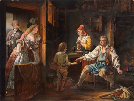 Scuola francese del XIX secolo - Luigi XVII e Maria Antonietta fanno la carità a una famiglia di contadini