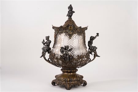 Grande vaso in cristallo, antimonio e ottone, secolo XIX