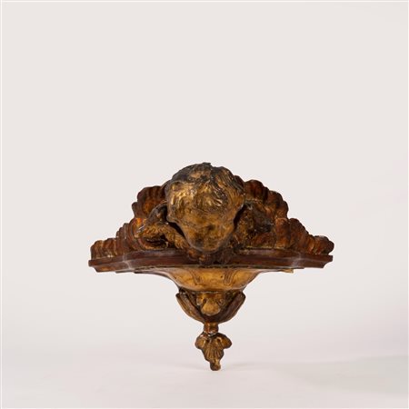 Mensola in legno intagliato e dorato con cherubino, secolo XVIII