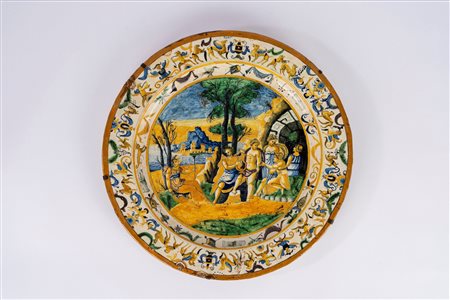 Grande piatto da parata istoriato in maiolica policroma, fine secolo XIX - inizi secolo XX
