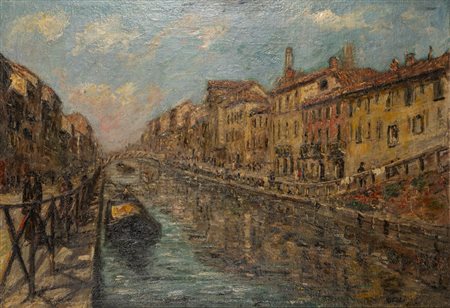 Attribuito a Achille Cattaneo (Limbiate 1872 - Milano 1931) - Milano, veduta dei Navigli