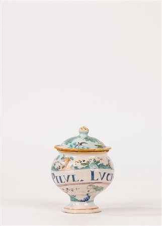 Vaso da farmacia con coperchio, manifattura Fergnani Faenza, fine secolo XVIII