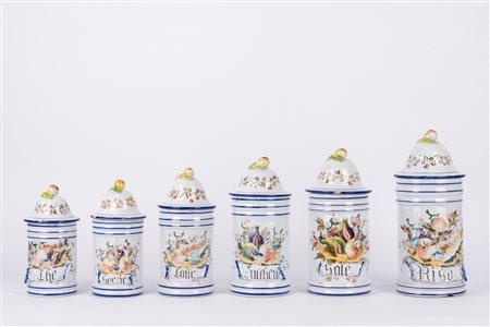 Set di sei vasi da cucina in ceramica policroma con coperchio