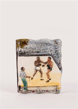 Placca in ceramica policroma con pugili