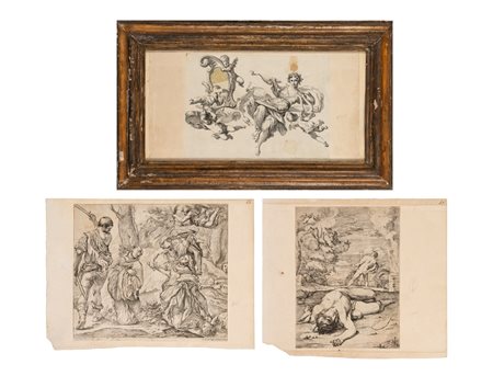 Incisione raffigurante figura Allegorica con putti musicanti e stemma