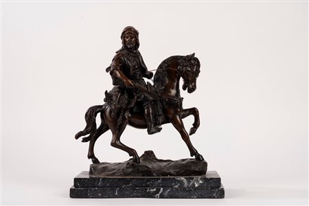 Scuola francese, secolo XIX - Scultura in bronzo raffigurante cavaliere arabo a cavallo