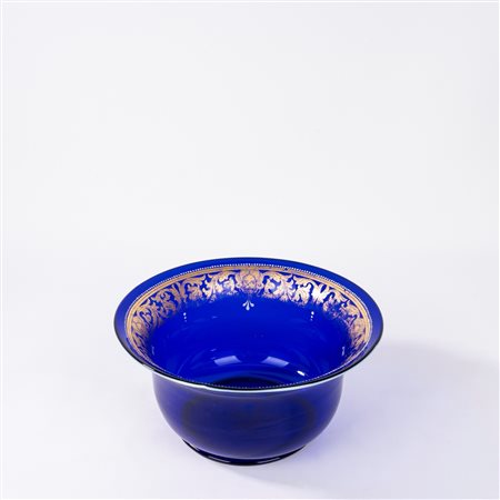 Centrotavola in vetro di Murano blu con motivi a grottesche in oro