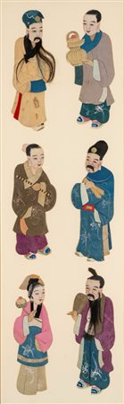 Sei figure in stoffa ritagliate e applicate in un unico passepartout, Cina secolo XX