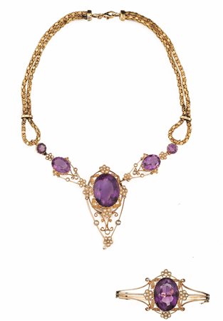 DEMI-PARURE IN ORO ROSA, AMETISTE, MICROPERLE COMPOSTA DA COLLANA E...