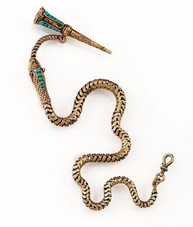 CATENA DA TASCHINO, SEC.&nbsp; XIX, IN ORO A BASSO TITOLO E TURCHESImodellata...